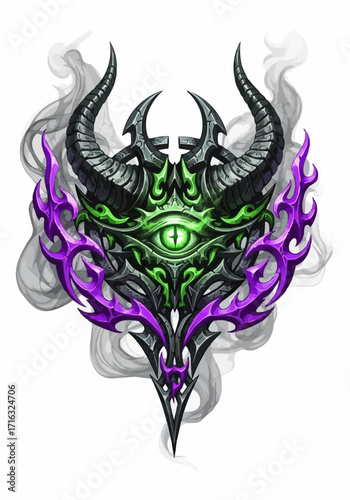 Detailed demonic mask illustration featuring glowing green eye, sharp horns, and flowing smoke effects in dark fantasy style.