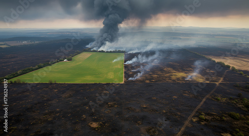 Aerial view of a large wildfire burning agricultural fields, creating a column of smoke that rises into the sky above the landscape