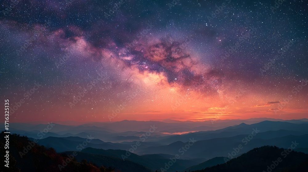 Fototapeta premium Breathtaking, long-exposure night sky photograph showing the vibrant purple and pink hues of the Milky Way galaxy above a dark mountain silhouette.