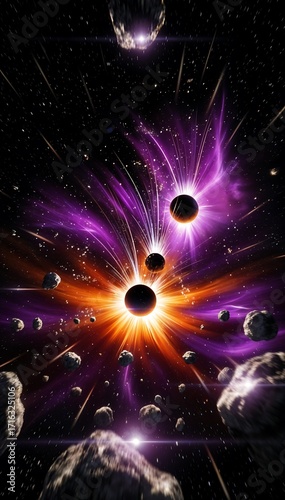 Vibrant Cosmic Explosion with Glowing Orbs and Asteroids