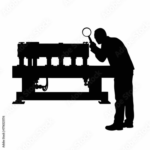 Silhouette of factory worker inspecting plastic part with magnifier near molding machine isolated on white background