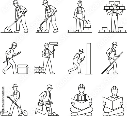 Construction Worker Line Art IconsConstruction Worker Line Art Icons