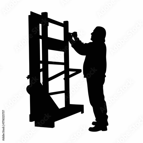 Silhouette of worker installing safety guard on injection molding machine isolated on white background