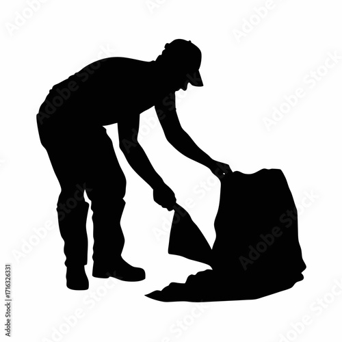 Silhouette of worker trimming excess plastic from molded part isolated on white background