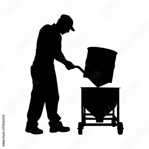 Silhouette of worker loading masterbatch color additive into hopper isolated on white background