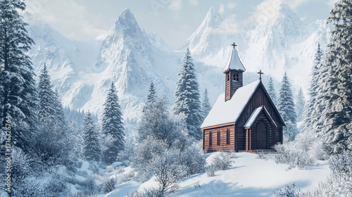 Wallpaper Mural Winter Scene with Wooden Chapel Among Snowy Pines and Mountains Torontodigital.ca
