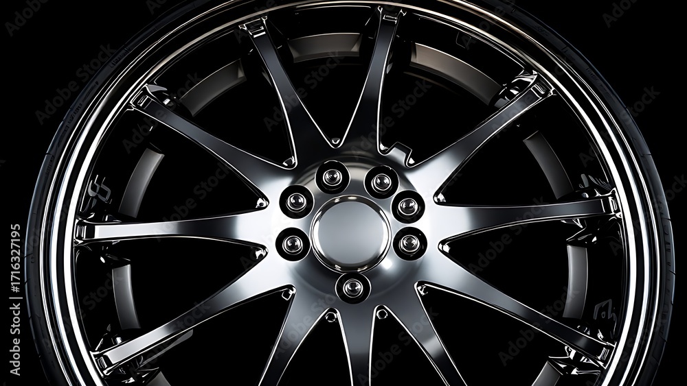 Obraz premium Shiny metallic wheel rim with intricate geometric design, reflecting studio lighting.