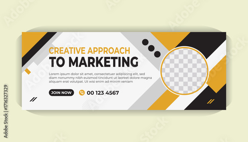 Elegant business Facebook cover page template with red shape graphics, photo area, minimal white background and professional layout