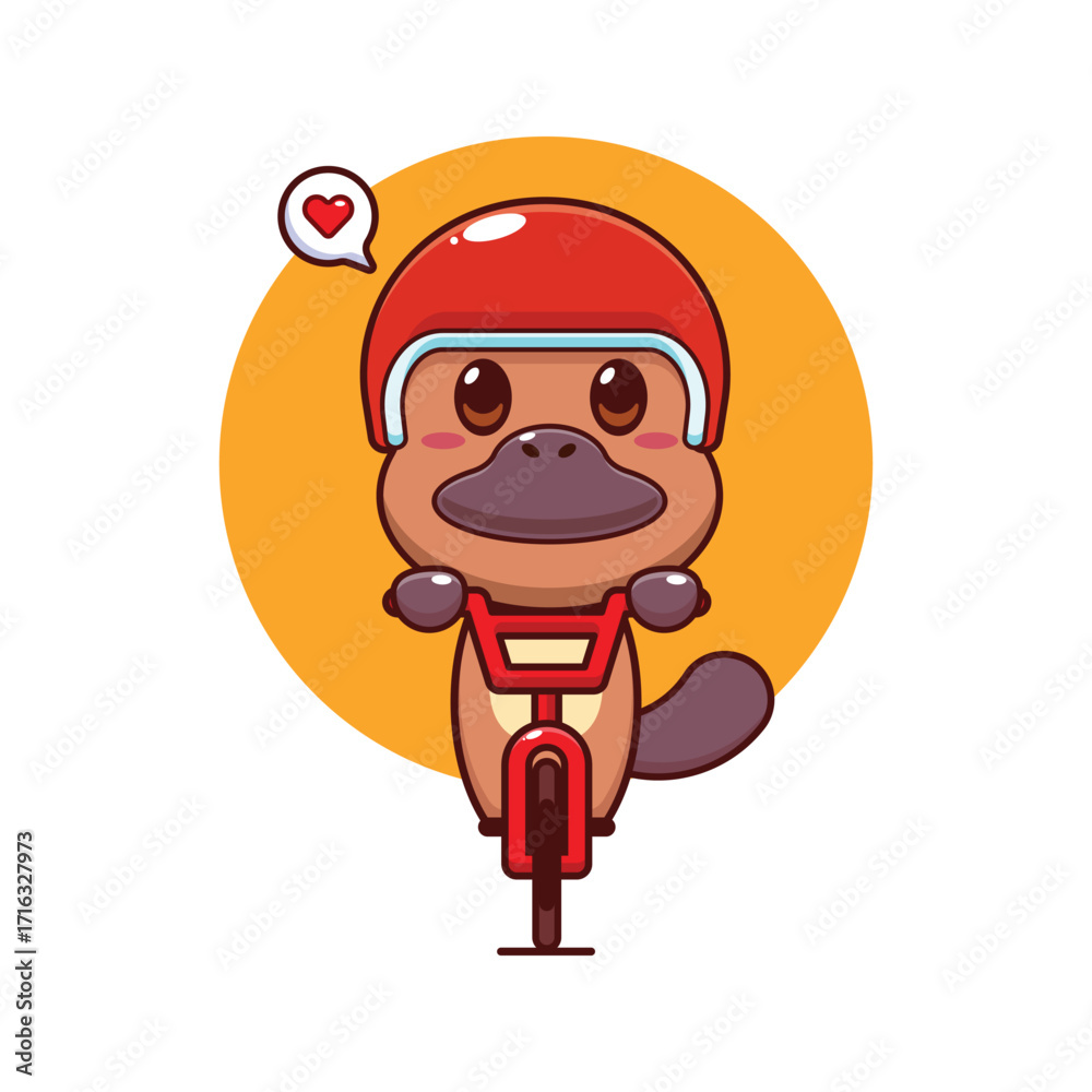 Fototapeta premium Cute platypus mascot cartoon character illustration ride on bicycle