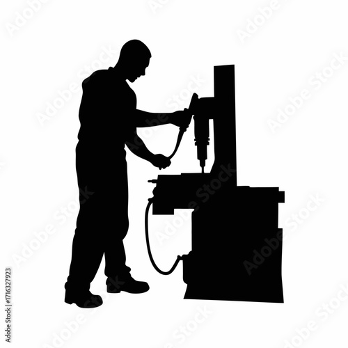 Silhouette of worker lubricating injection molding machine isolated on white background