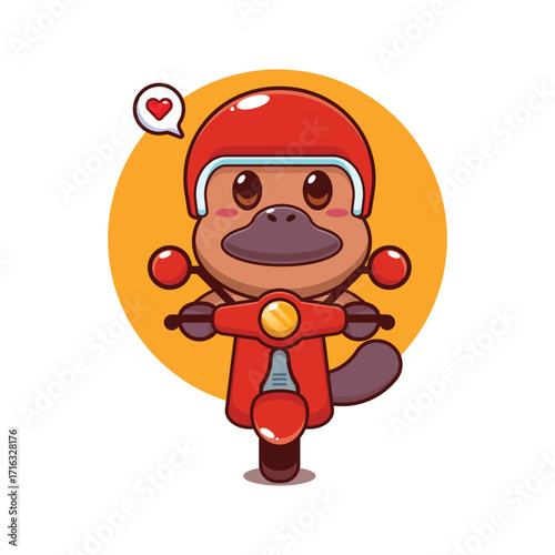 Cute platypus mascot cartoon character illustration ride on scooter