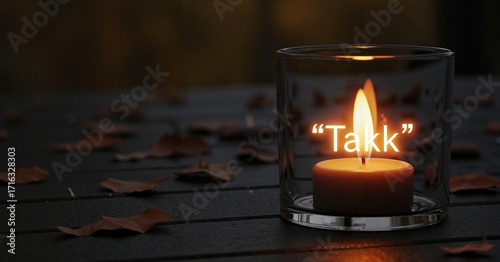 Lit candle in glass holder on dark wood with fallen leaves and 
