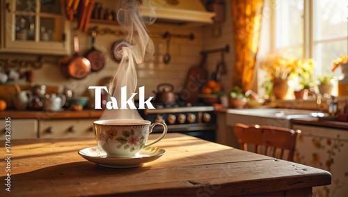 Steaming cup of tea on wooden table in sunlit kitchen with 