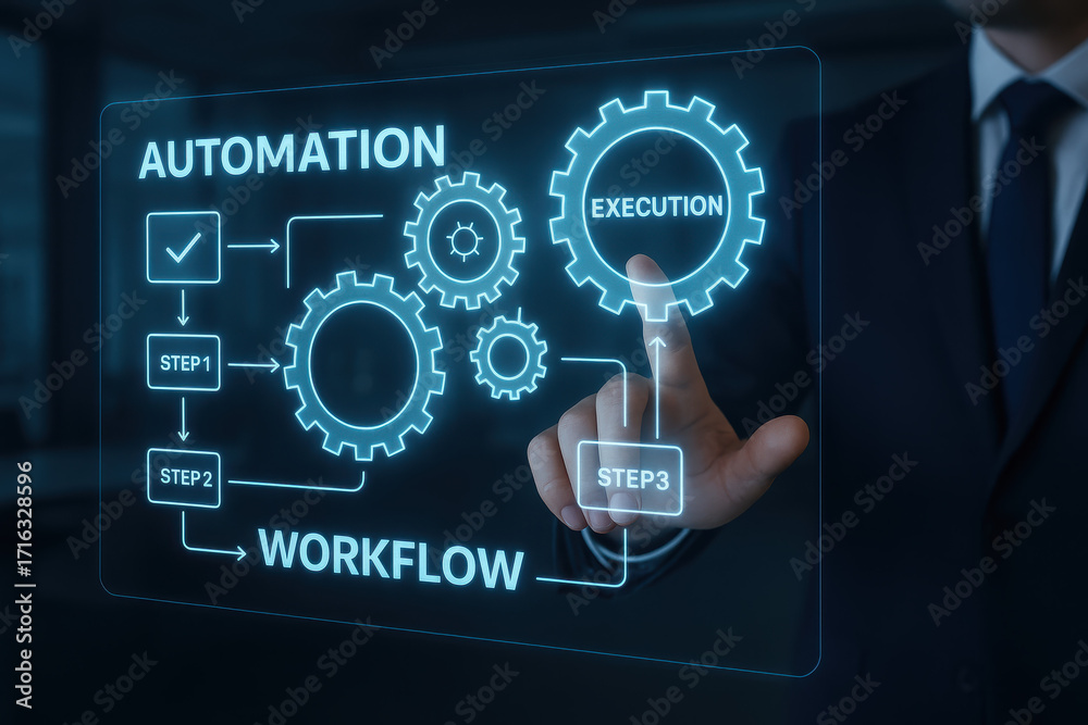 Fototapeta premium Automation and execution guide workflow and process operation in a futuristic digital business environment