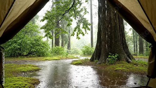 Peaceful view from a tent of rain falling in a lush