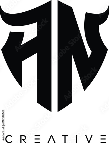 Fotografie AN Shield Monogram Logo with Bull Horn – Bold Emblem Symbol for Security, Prote
