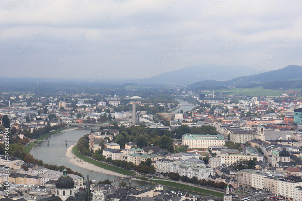 Obraz premium Top view of old town and Salzach river in Salzburg, cityscape, urban landscape, historic district