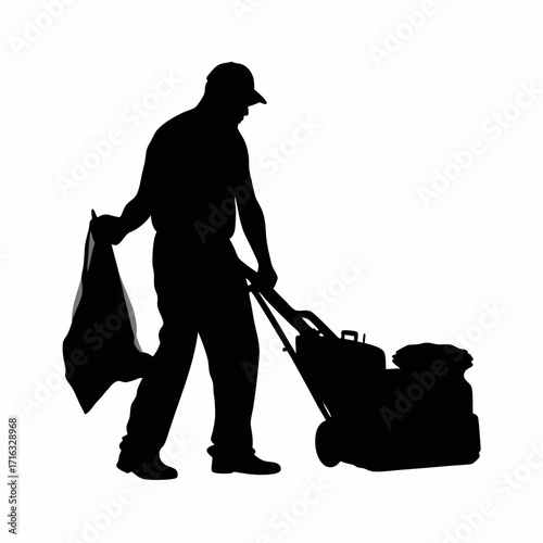 Silhouette of worker removing scrap plastic from machine area isolated on white background