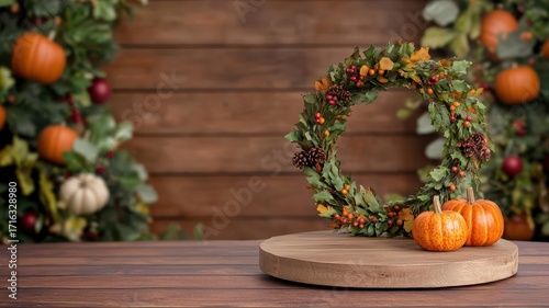 Wooden podium with autumn wreaths and pumpkins, warm and rustic setting for a Thanksgiving product showcase