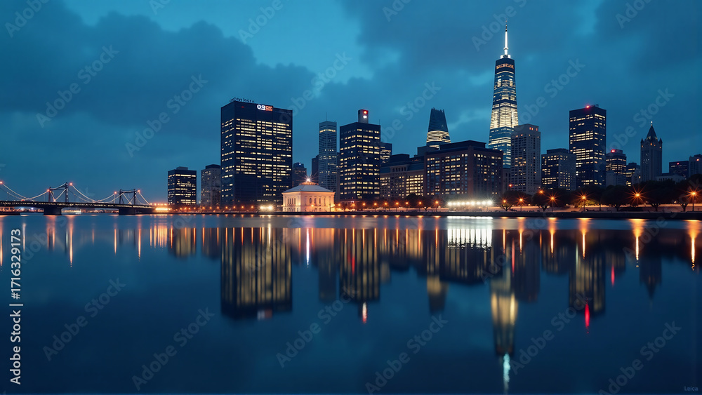 Obraz premium Reflective City: Twilight's Mirrored Glow