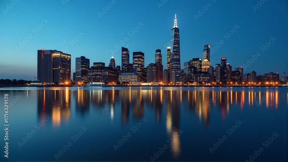 Obraz premium Reflective City: Twilight's Mirrored Glow