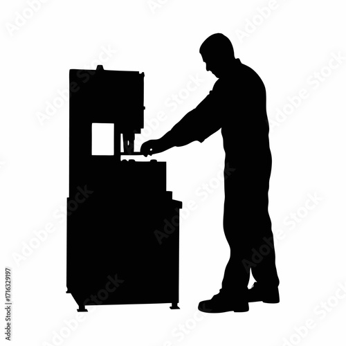 Silhouette of worker pressing start button of molding machine isolated on white background silhouette