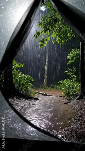 View from inside a tent looking out at a forest path during heavy rain. Serene nature scene with raindrops falling on green leaves and creating puddles