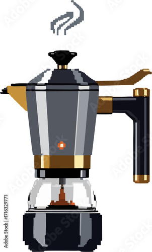 Pixelated image of a Moka pot with steam rising, indicating it is brewing coffee.