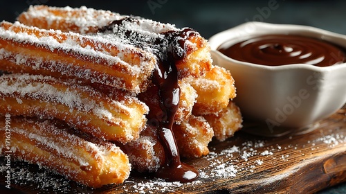 Delicious, close-up shot of golden-brown churros dusted with powdered sugar on a wooden board, next to a bowl of rich dark chocolate dipping sauce.