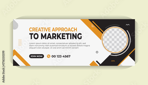 Clean and modern Facebook banner ad design template for business with bold red accents, photo placeholder and professional typography
