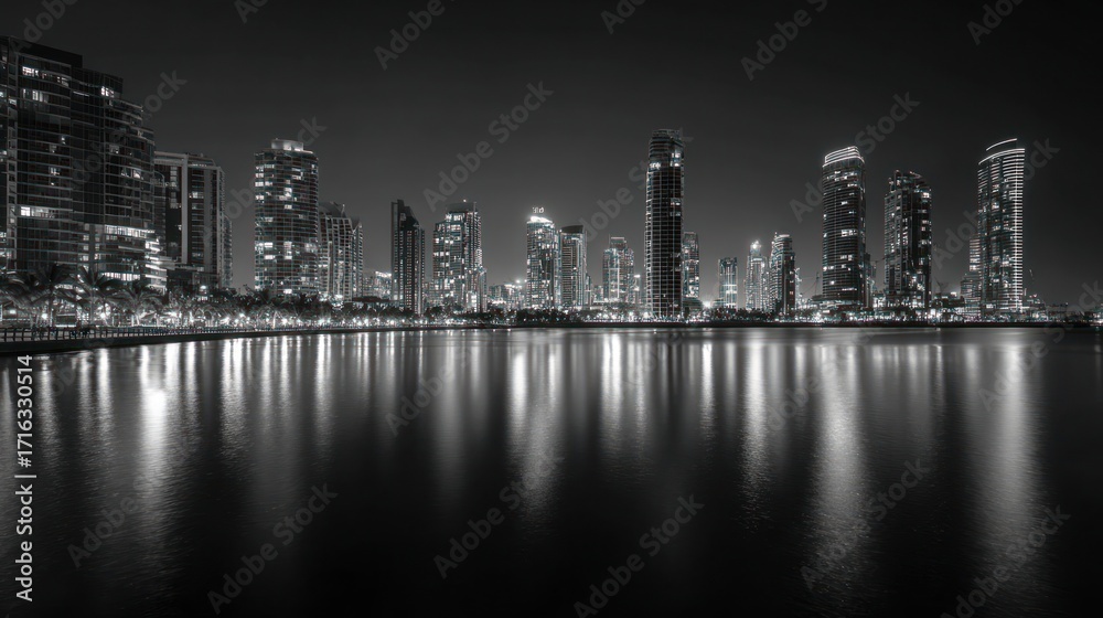 Fototapeta premium A black and white panorama showcases a city skyline at night with illuminated skyscrapers reflected in water