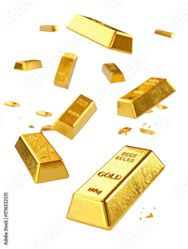Shiny golden bars in midair isolated on black background symbolizing wealth and prosperity focus