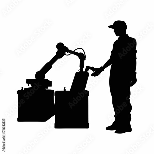 Silhouette of worker supervising automated robotic arm removing molded parts isolated on white background