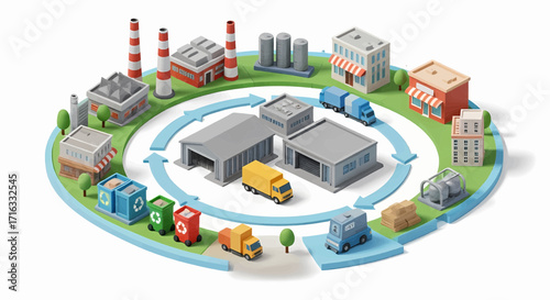 Visual representation of the circular economy concept, demonstrating the sustainable flow of resources from production through consumption and back into the recycling process