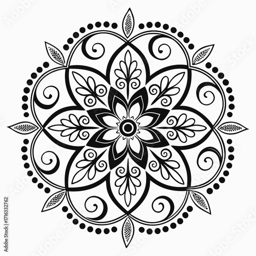 Detailed floral mandala design with intricate swirls and leaf patterns in a symmetrical arrangement artfully crafted vreated with genrated ai