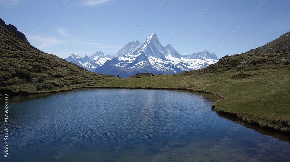 Naklejka premium serene alpine lake nestled in a valley, surrounded by majestic snow-capped mountains, reflecting clear blue sky, creating peaceful tranquil atmosphere that embodies the beauty of nature,highland