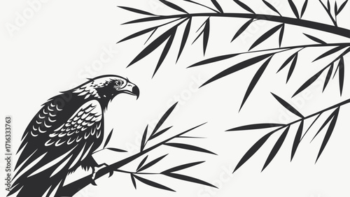 Eagle perched on a branch surrounded by bamboo leaves in a black and white minimalist design style vreated with genrated ai