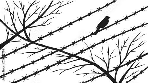 Silhouette of a bird perched on barbed wire with bare branches in a stark black and white illustration vreated with genrated ai