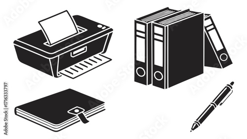 Illustration of a printer with paper, ring binders, a closed notebook, and a pen on a white background vreated with genrated ai