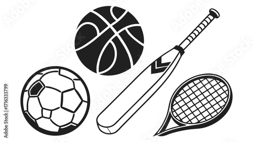 Illustration of a basketball, soccer ball, cricket bat, and tennis racket in black and white style vreated with genrated ai