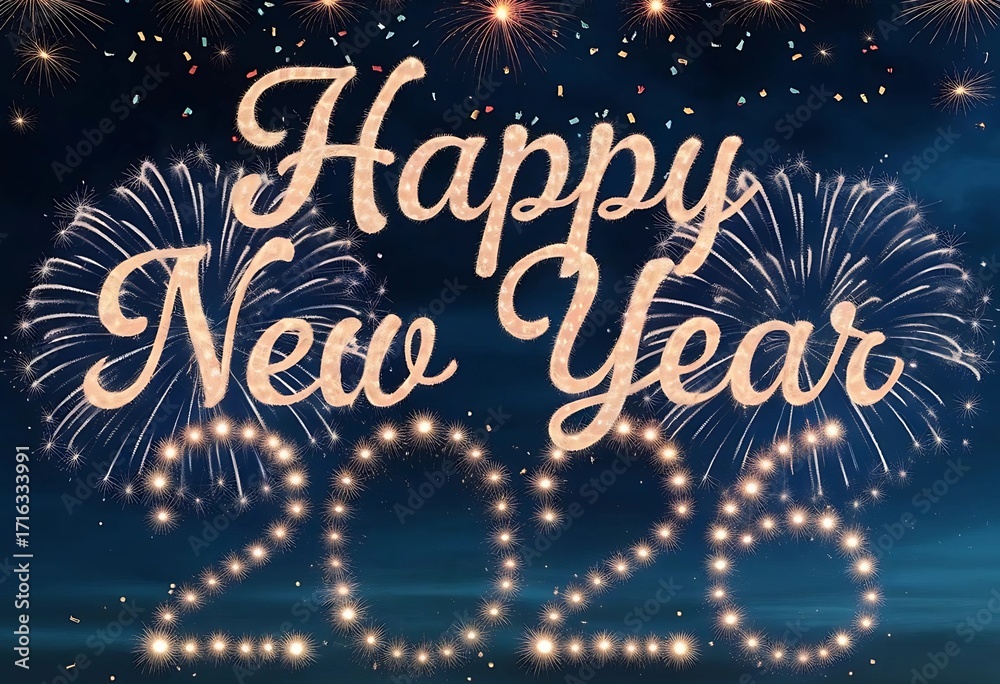 Obraz premium Happy New Year 2026 text surrounded by mandala-inspired fireworks shapes