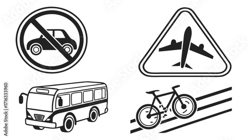 Illustration of various transportation signs including car ban airplane bus and bicycle path signs vreated with genrated ai