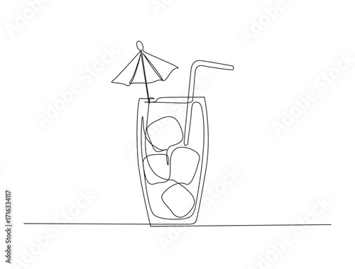 Juice with garnish in single line draw illustration. Continuous one line drawing of fresh juice with garnish.Editable stroke.