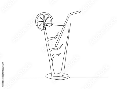 Juice with garnish in single line draw illustration. Continuous one line drawing of fresh juice with garnish.Editable stroke.