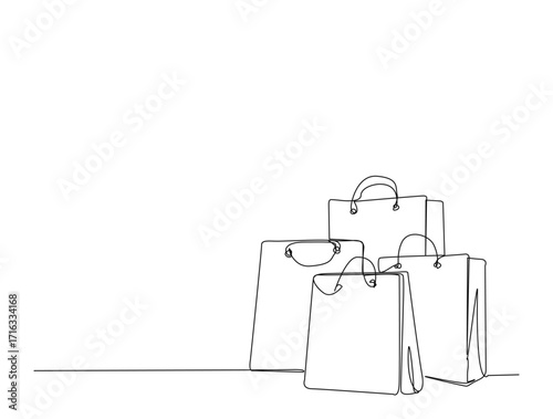 Shopping bags in single line draw illustration. Continuous one line drawing of Shopping paper bags. Editable stroke.