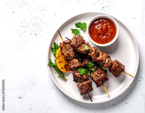 Grilled meat skewers on a plate with sauce