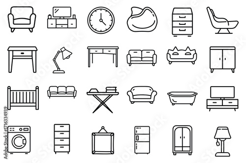 Collection of modern and classic home furniture items including sofas chairs tables and lamps presented as a vector illustration