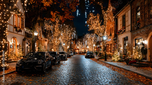 Festively illuminated street adorned with Christmas lights at night in a charming city neighborhood