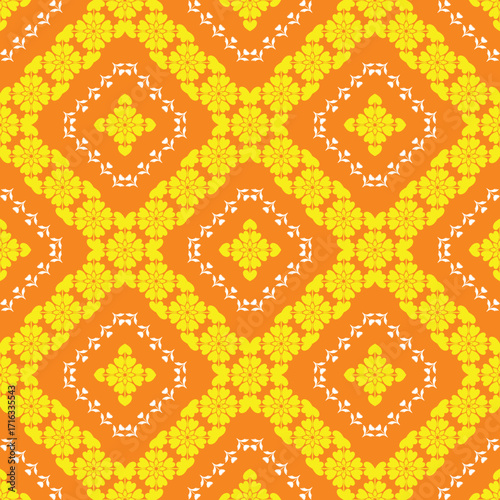 The fabric pattern is in the shape of yellow flowers arranged in an orderly manner, beautiful and inside with white flowers surrounded by an orange background.