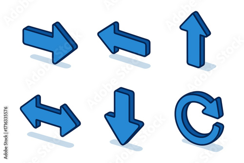 3d blue arrows isometric icons , turn left, turn right, rotate, refresh, u-turn